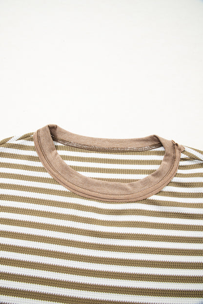 Khaki Stripe Thermal Knit Drop Shoulder Casual Top
