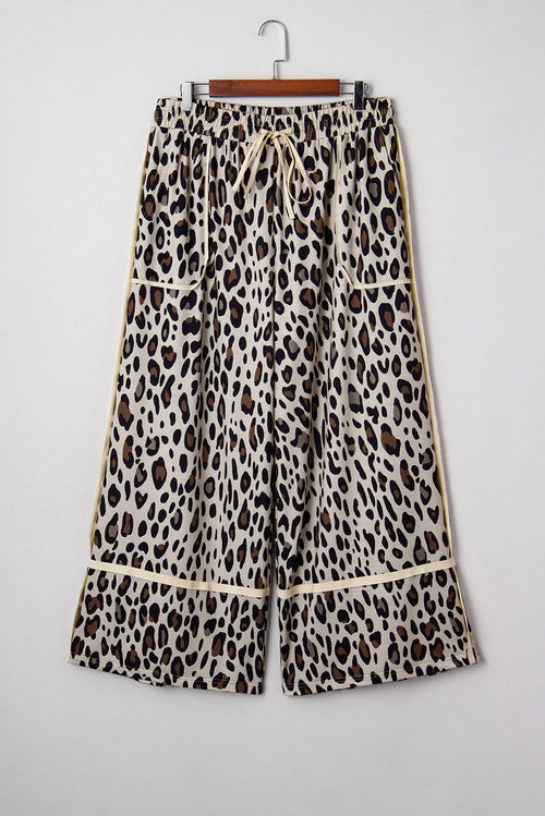 Khaki Exposed Seam Patched Pocket Plus Size Drawstring Leopard Wide Leg Pants