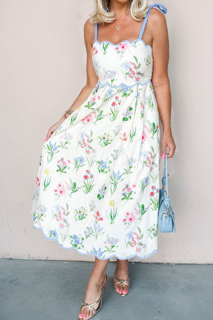 Pink Floral Print Contrast Trim Self-tie Straps High Waist Midi Dress