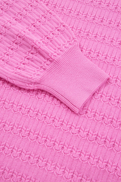 Bright Pink Trendy Pattern Knit Ribbed Cuffs Crew Neck Sweater