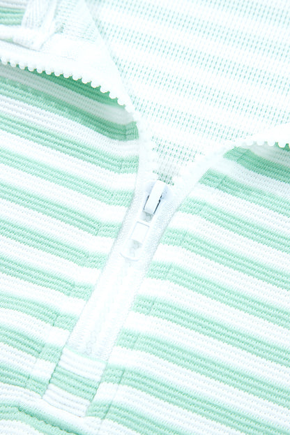 Green Stripe Quarter Zip Collar Pullover Long Sleeve Top