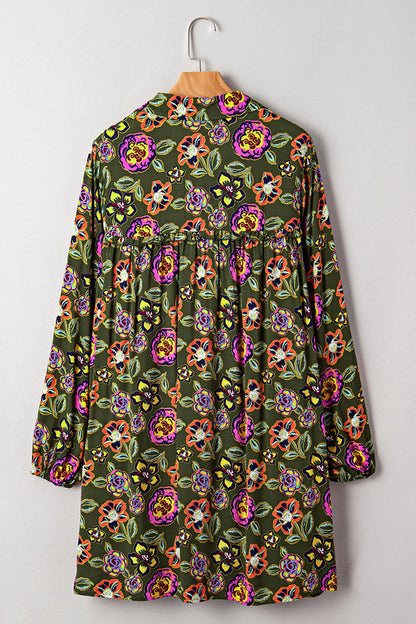Green Plus Size Floral Print Collared V Neck Loose Mini Dress