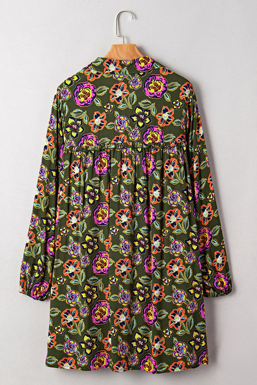 Green Plus Size Floral Print Collared V Neck Loose Mini Dress
