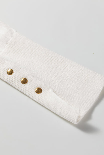 White Button Split Cuffs Round Neck Slim Sweater