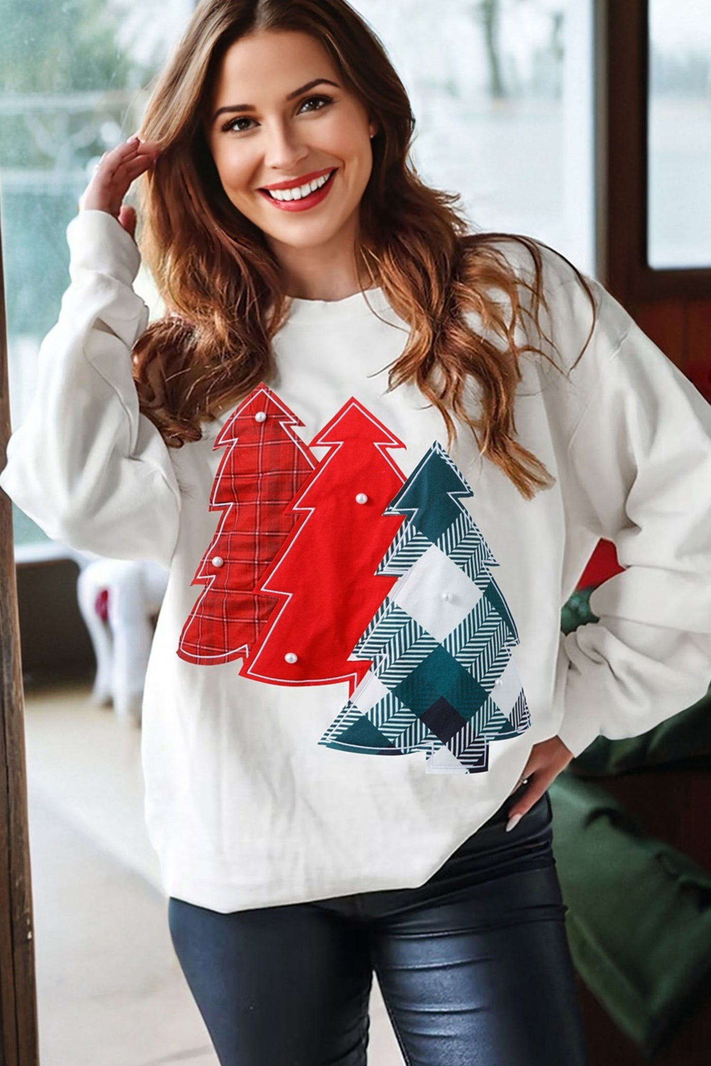 White Pearl Plaid Christmas Tree Patched Drop Shoulder Sweatshirt