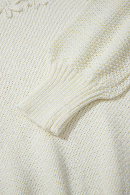 White Flower Detail Round Neck Contrast Textured Puff Sleeve Sweater