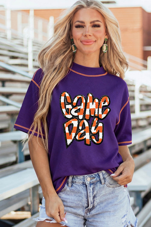Tillandsia Purple Contrast Seam Detail Checkered Game Day Chenille Graphic Tee