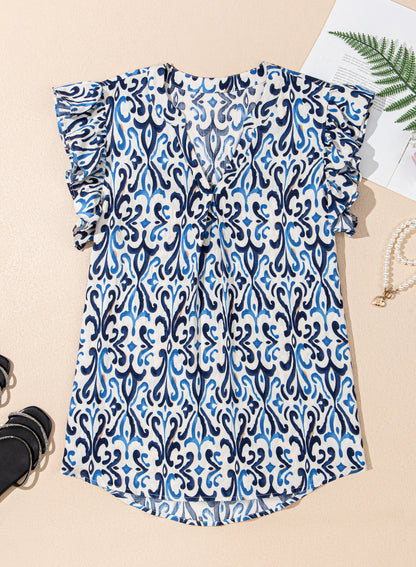 Sky Blue Boho Abstract Print Pintuck Detail Ruffled Top