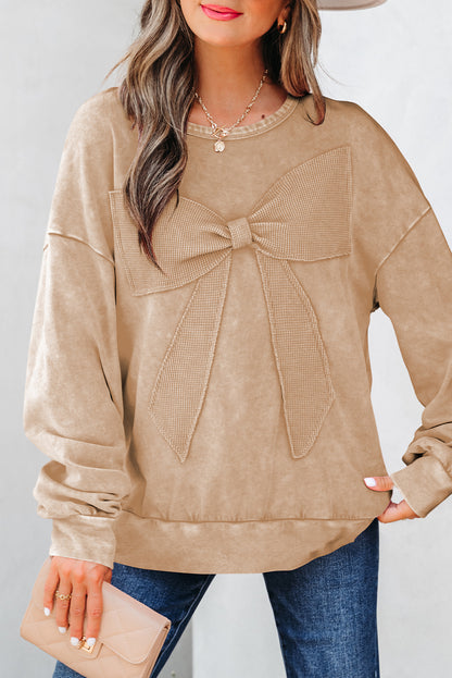 Light French Beige Mineral Wash Big Bow Patchwork Pullover Sweatshirt