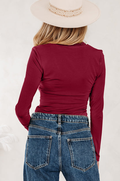 Smoke Gray Lace-trimmed Sweetheart Neckline Ruched Detail Long Sleeve T-shirt