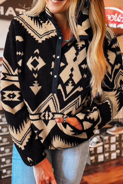Beige Western Aztec Half Zip Plush Sweatshirt