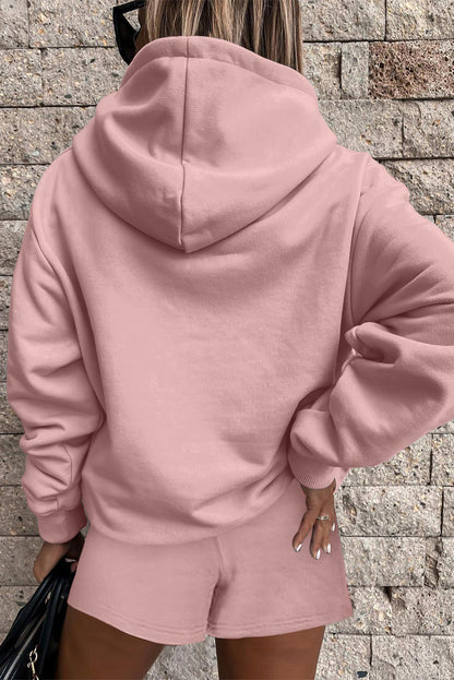Peach Blossom Button Drawstring Hooded Pullover and Casual Short Set