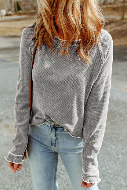 Gray Textured Round Neck Long Sleeve Top