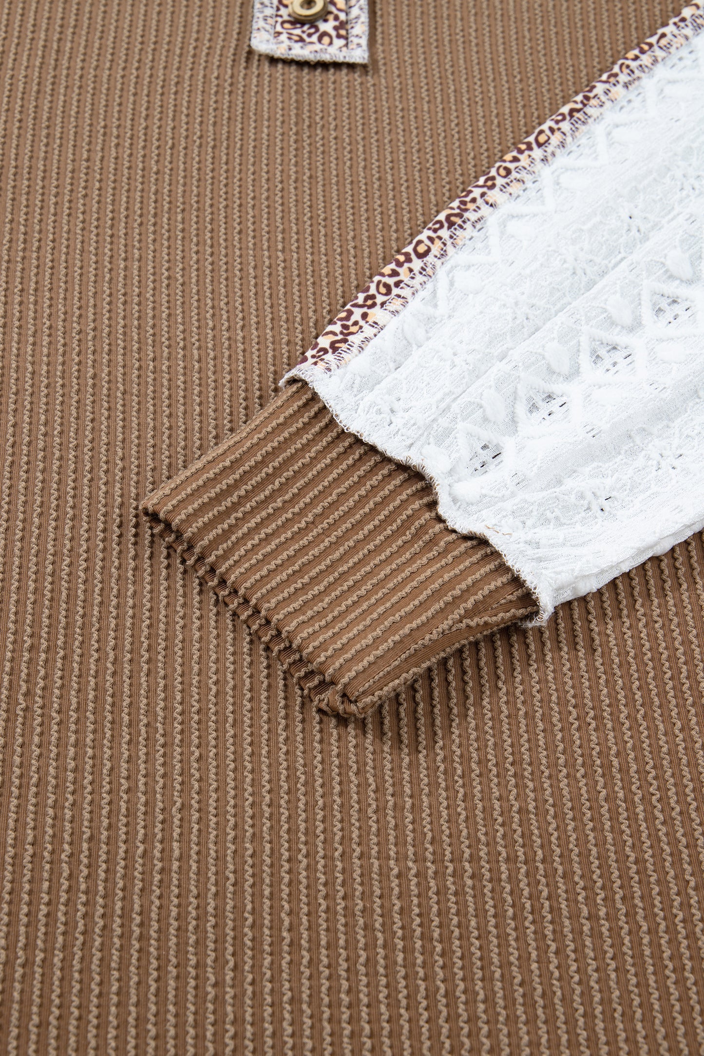 Dark Khaki Twisted Ribbed Leopard Lace Contrast Patchwork Long Sleeve Top