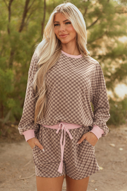 Sky Blue Checkerboard Long Sleeve Pullover and Shorts Set