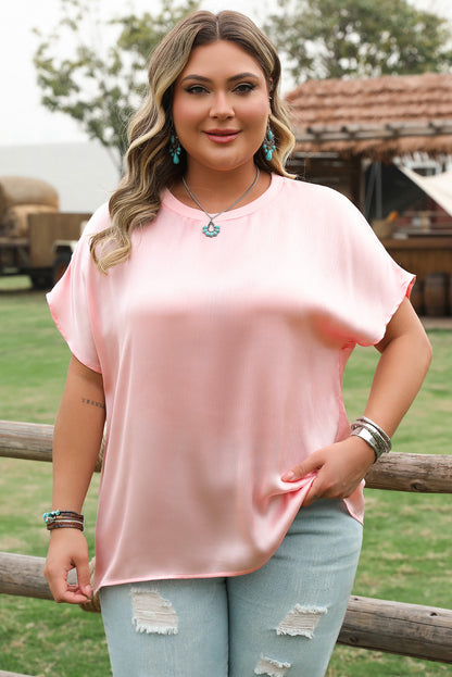 Pink Metallic Gloss Short Batwing Sleeve Plus Size Top