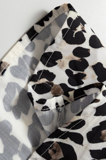 Multicolour Button Striped Collar Leopard Print Long Sleeve Flared Dress