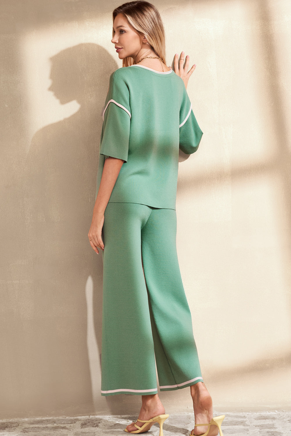 Guacamole Green Contrast Trim Half Sleeve Top Drawstring Pants Loose 2pcs Sweater Suit