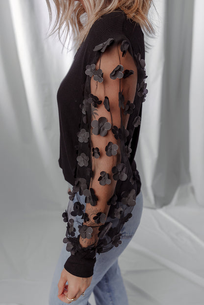 Black Flower Applique Mesh Long Sleeve V Neck Blouse