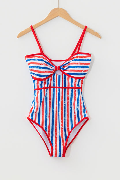 Red July 4th Stripes Star Floral Impression Cutout Spaghetti Straps One Piece Swimsuit