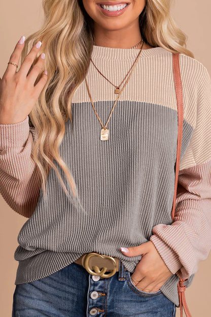 Khaki Color Block Long Sleeve Ribbed Loose Top