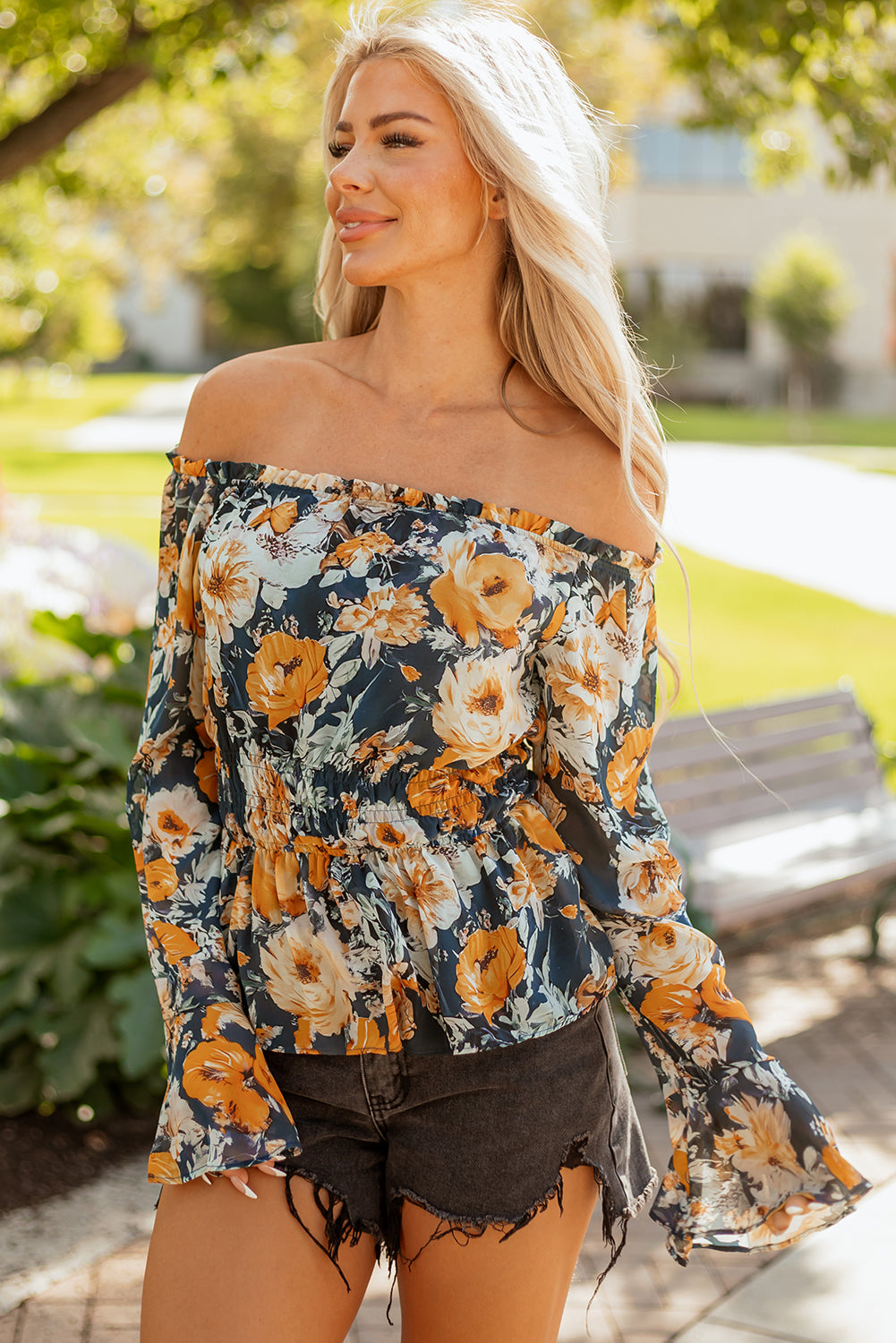 Blue Floral Off Shoulder Bell Sleeve Smocked Peplum Top