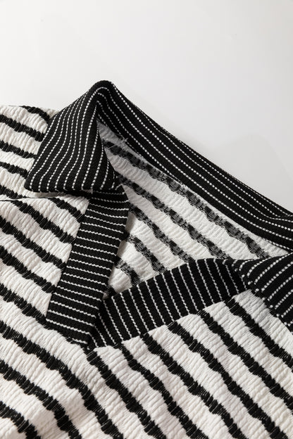 Sky Blue Stripe Collared Pullover Top and Drawstring Pant Set