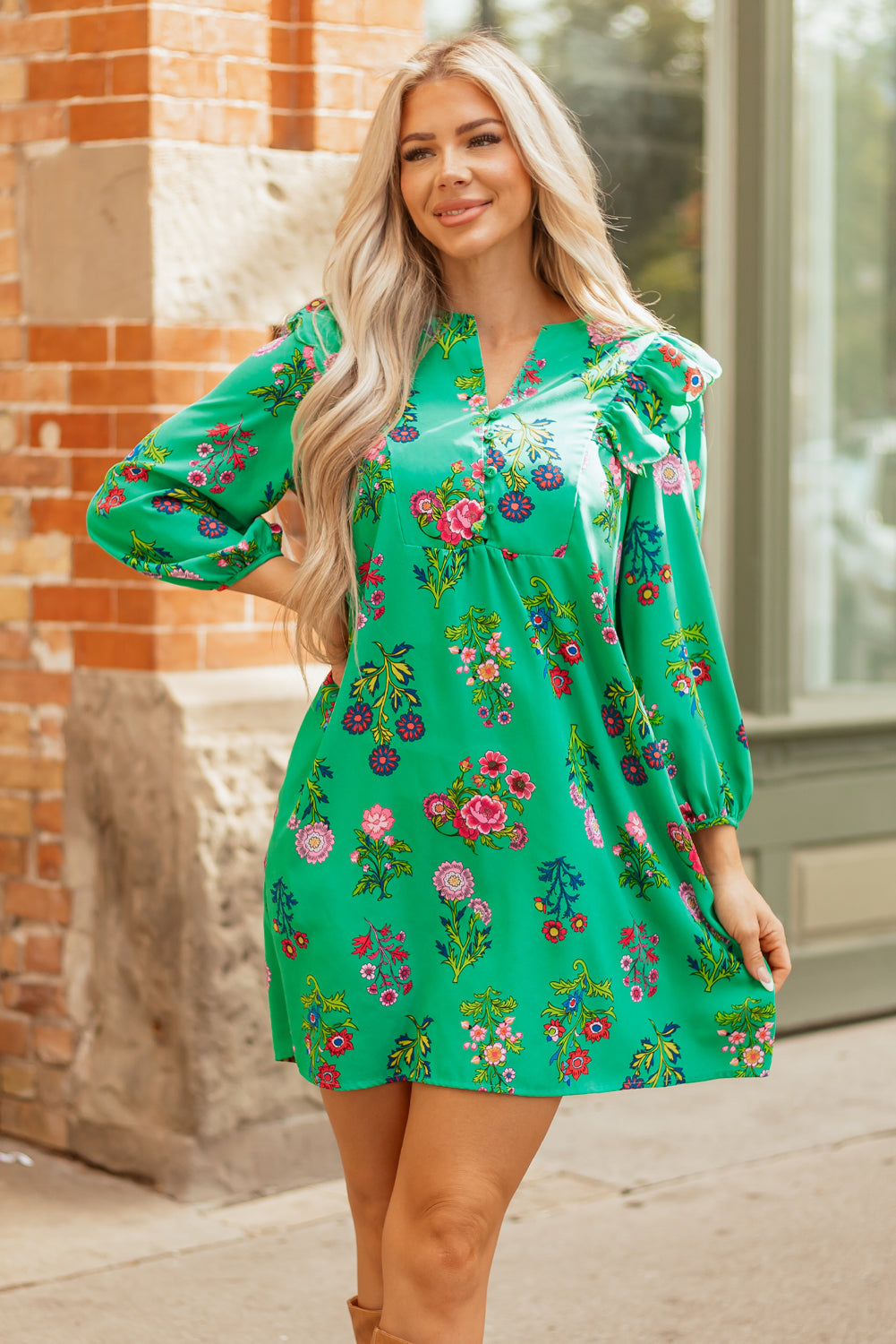 Green Floral Ruffled Three Quarter Sleeve Buttoned Mini Dress