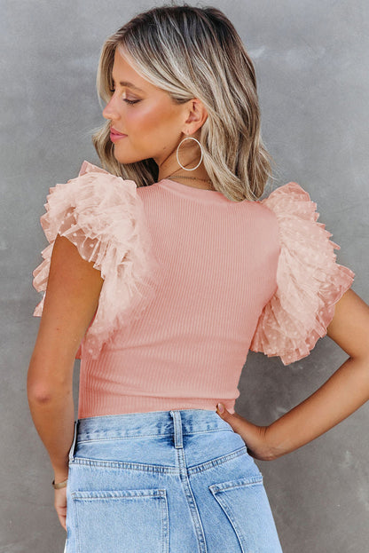 White Dotty Mesh Ruffle Sleeve Ribbed Knit Top