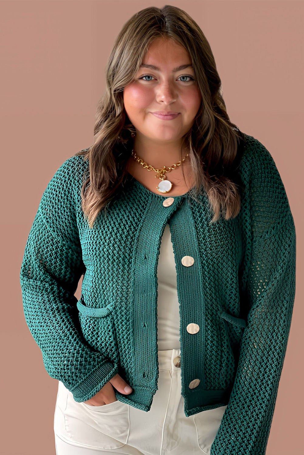 Blackish Green Plus Size Golden Accent Buttons Short Sweater Cardigan