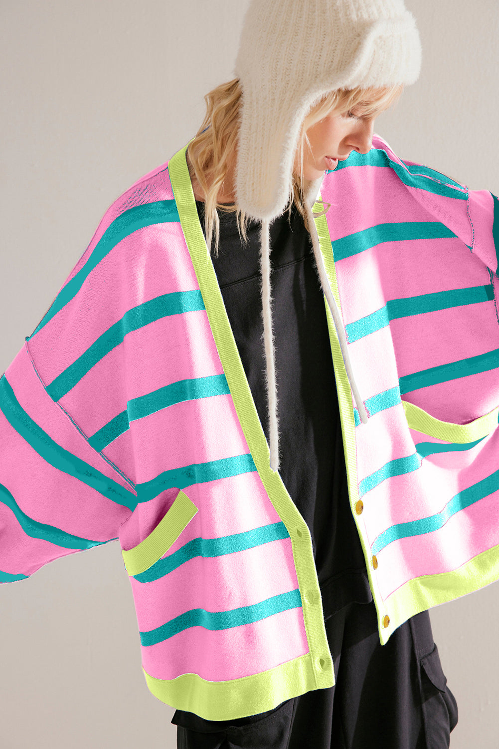 Pink Stripe Colorblock Drop Shoulder Buttoned Loose Cardigan