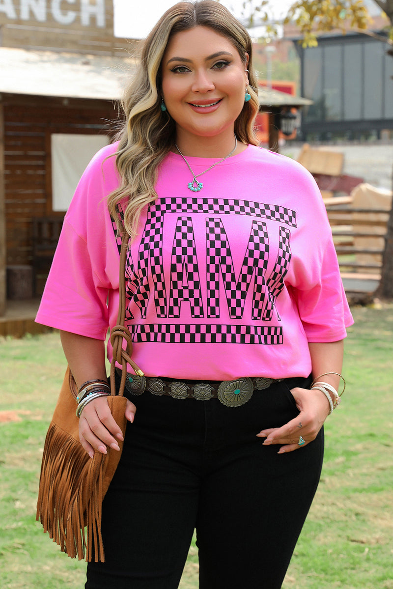 Bright Pink Checker MAMA Letter Printed Graphic Plus Size T Shirt