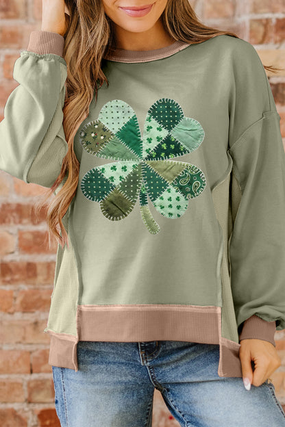 Smoke Green Waffled Color Block St Patricks Day Clover Patched Baggy Sweatshirt