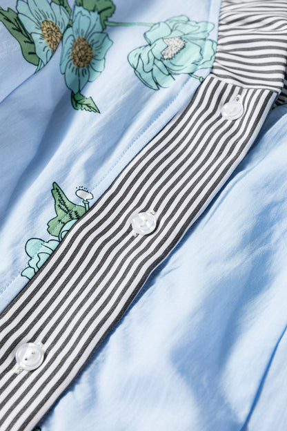 Sky Blue Floral Print Contrast Striped Trim Ruffled V Neck Fall Blouse