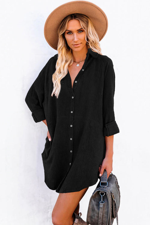 Black Corduroy Shirt Style Full Button Long Sleeve Shift Mini Dress