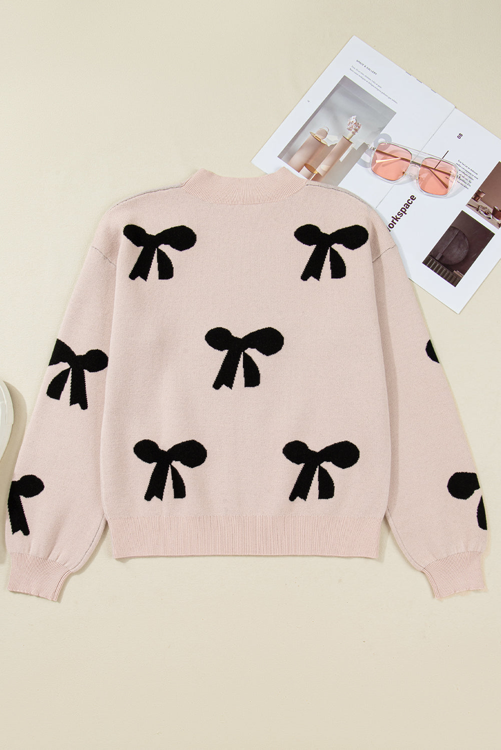 Racing Red Pearl Embellished Bow Pattern Loose Sweater
