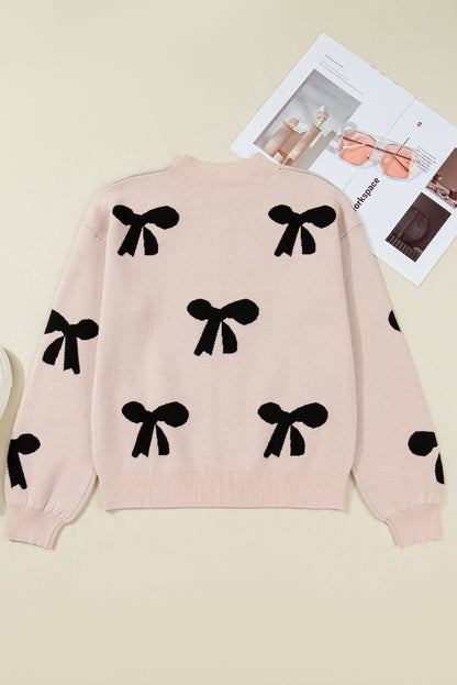Racing Red Pearl Embellished Bow Pattern Loose Sweater