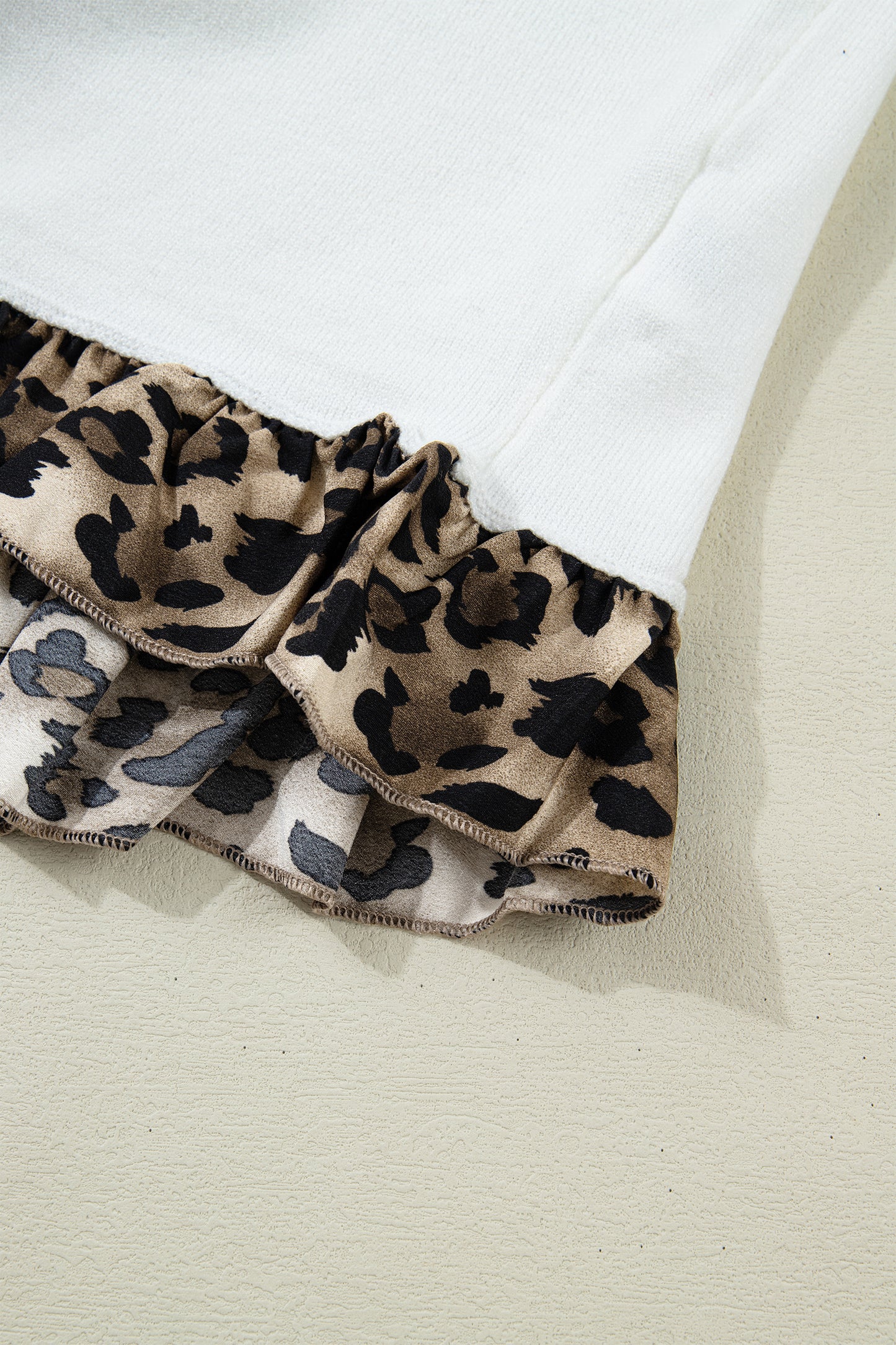 White Knitted Leopard Ruffle Patchwork Button Down Cropped Cardigan