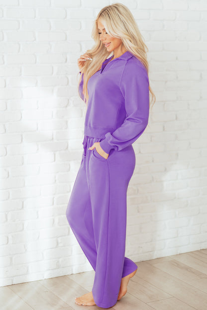 Wisteria Solid Color Collared Pullover and Central Seam Pants Set