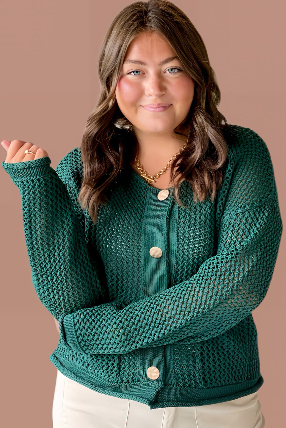 Blackish Green Plus Size Golden Accent Buttons Short Sweater Cardigan