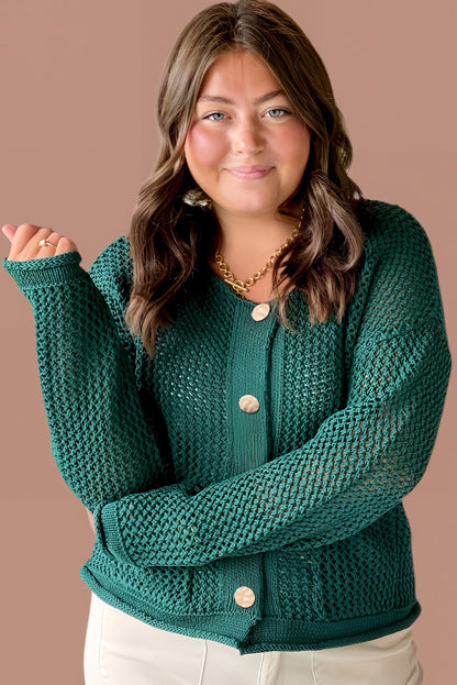 Blackish Green Plus Size Golden Accent Buttons Short Sweater Cardigan
