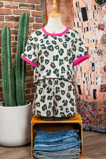 Brown Unique Leopard Print Contrast Trim Top Loose 2pcs Short Set