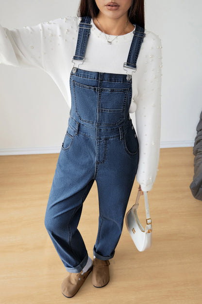 Dark Blue Retro Bib Pocket Buckle Straps Casual Denim Jumpsuit