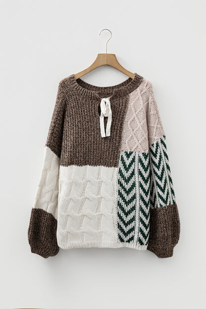Brown Color Block Patchwork Knotted Back Loose Fit Sweater