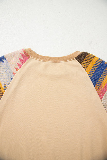 Light French Beige Aztec Patchwork Raglan Pullover Sweatshirt