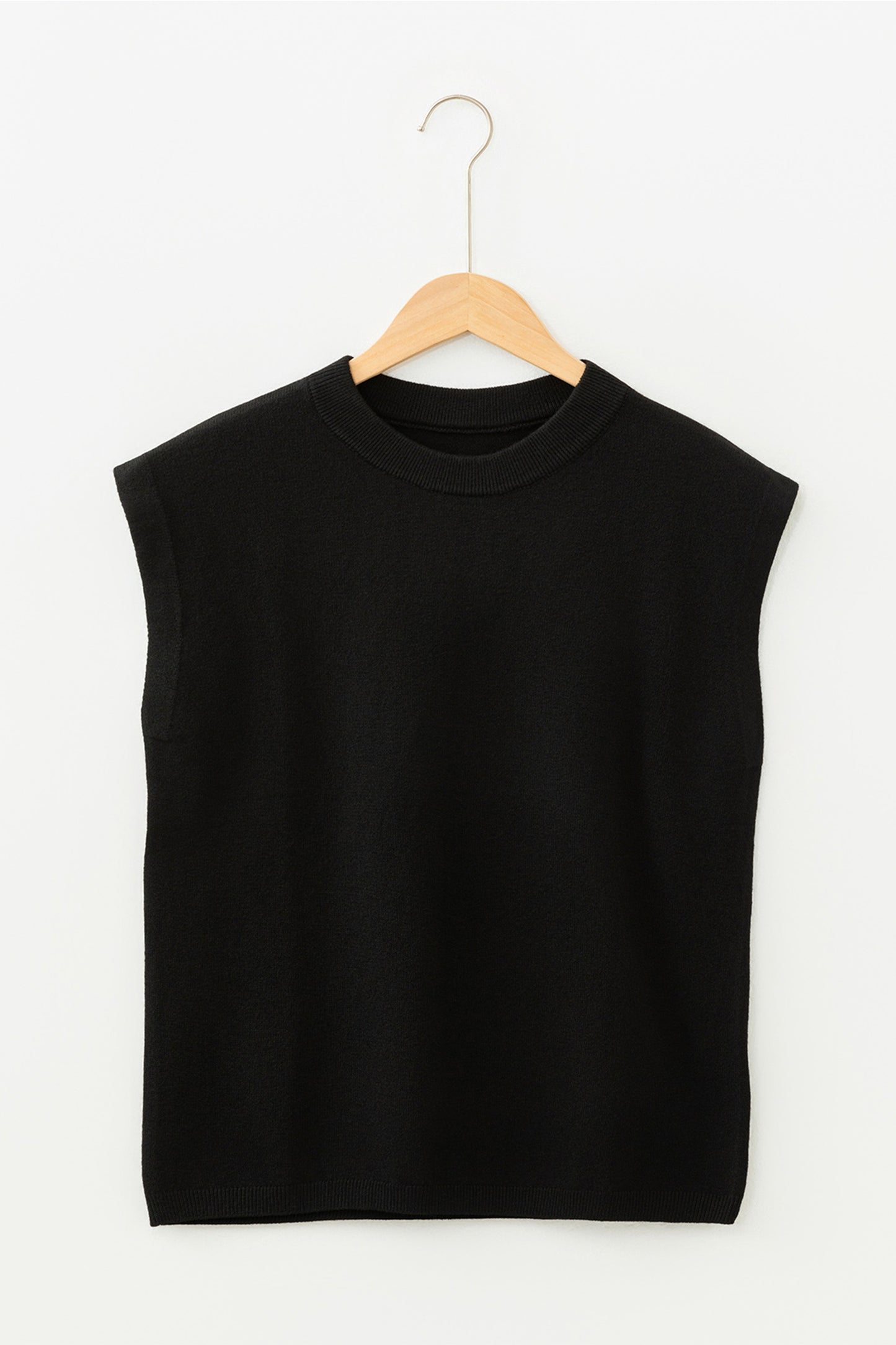 Black Solid Color Crew Neck Knit Cap Sleeve Sweater