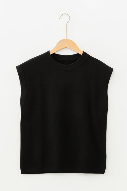 Black Solid Color Crew Neck Knit Cap Sleeve Sweater