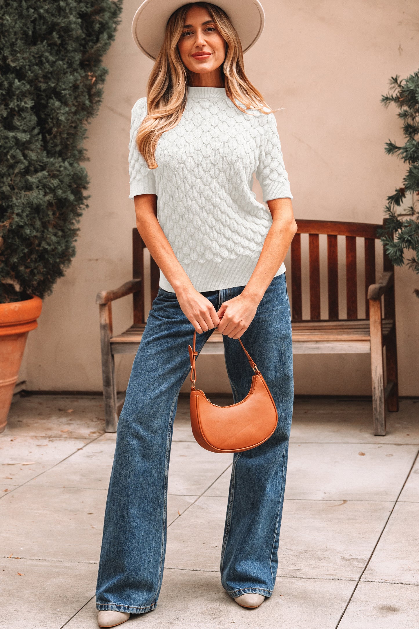 Straw Yellow Fish Scale Textured Knit Ribbed High Neck Short Sleeve Sweater