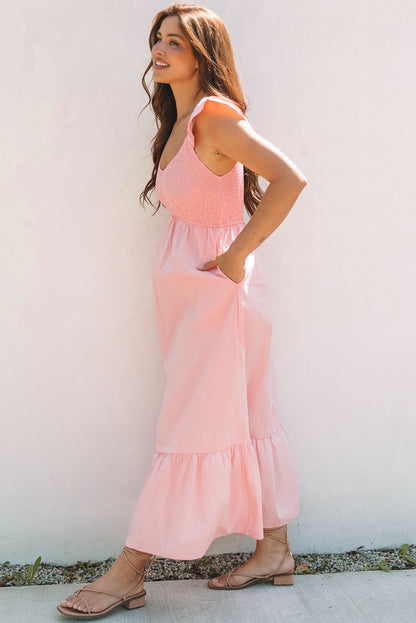 Pink V Neck Flutter Sleeve Smocked Bodice High Waist Ruffle Maxi Dress