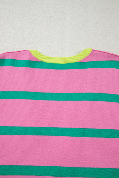 Pink Stripe Colorblock Drop Shoulder Buttoned Loose Cardigan